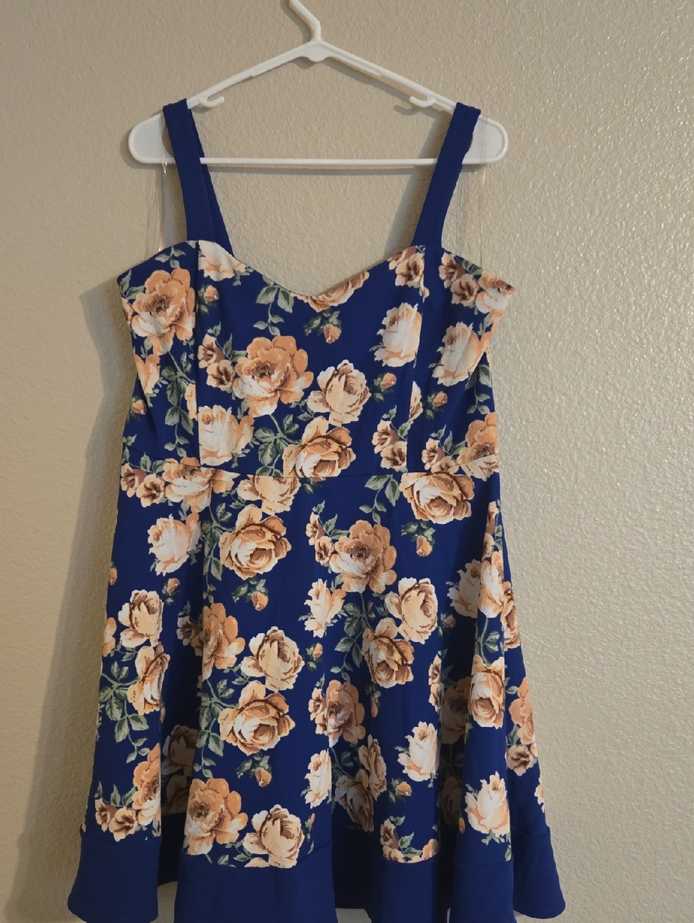 Floral A-Line Dress in Royal Blue with Peach Roses